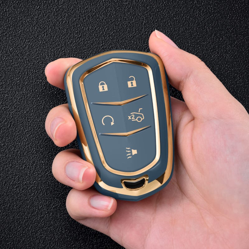 ELOHEI Key Fob Cover for Cadillac, Key Fob Case for 2015-2019 Cadillac Escalade CTS SRX XT5 ATS STS CT6 5-Buttons Premium Soft TPU 361 Degree Full Protection (Gold Edge Grey) - Image 5
